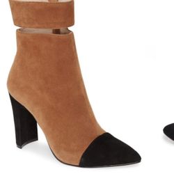 42 Gold brown suede black cap toe block heel pointed toe booties 7