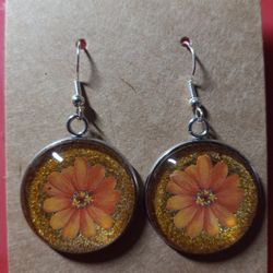 Orange Flower Glass Cabochon Earrings