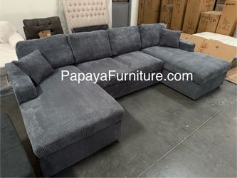 New! 120” Double Chaise L Sectional, Gray Sectional, Grey Couch, Corduroy Sectional, Plush Sofa, U-shaped Couch, Sofas, Large Sectional, Furniture