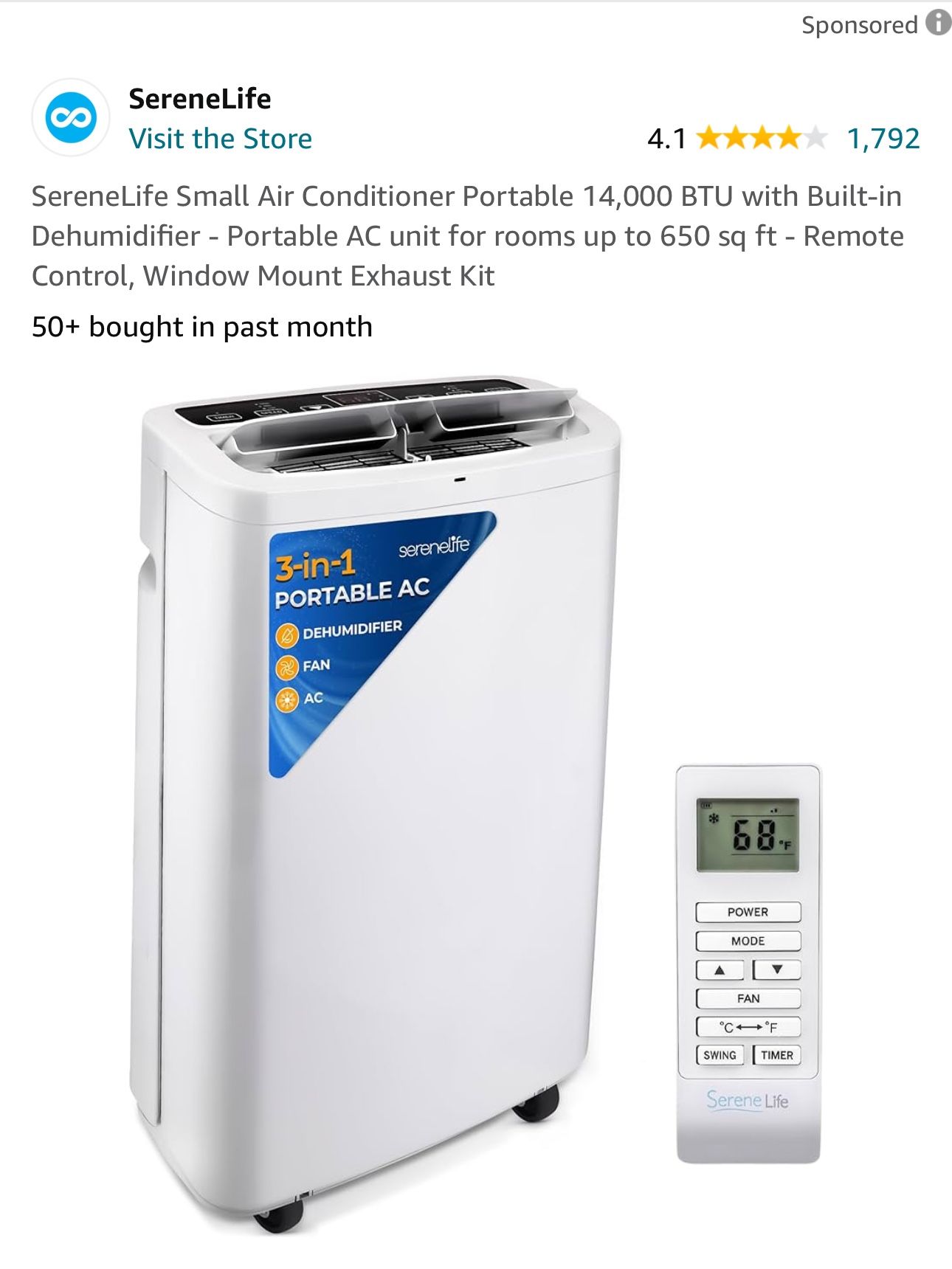 SereneLife Small Air Conditioner Portable 14,000 BTU with Built-in Dehumidifier - Portable AC unit for rooms up to 650 sq ft - Remote Control, Window 