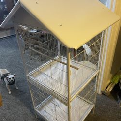 Double Bird Cage . 62” Tall By 24”x 24” Good Used Condition Clean White Metal 