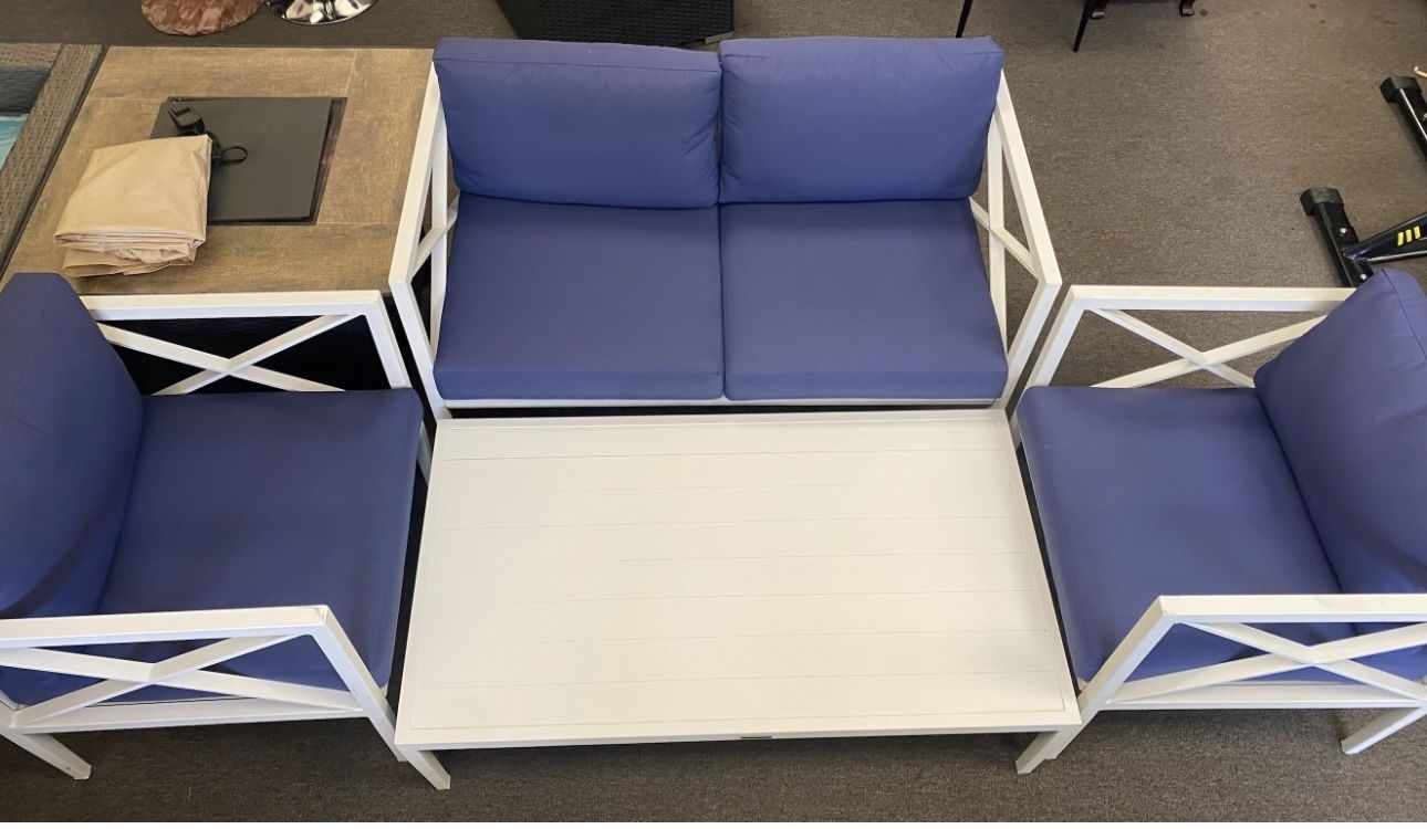 White 4-Piece Aluminum Outdoor Patio Conversation Sofa Seating Set with Dark Blue Cushions