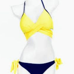 Women's Halter Bandage Wrap Padded Side Tie Bikini Swimsuit Canary Yellow XL NWT