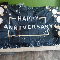 Happy Anniversary Backdrop Banner, 6ft x 3.6ft Black Gold Anniversary Party Decorations
