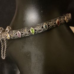 Vintage 925 Sterling Silver Bangle Bracelet With Multi Colored Semi Precious Genuine Gemstones