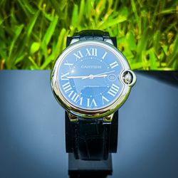 Cartier Ballon Bleu 42mm Automatic Blue Dial Mens Leather Strap Full Set 