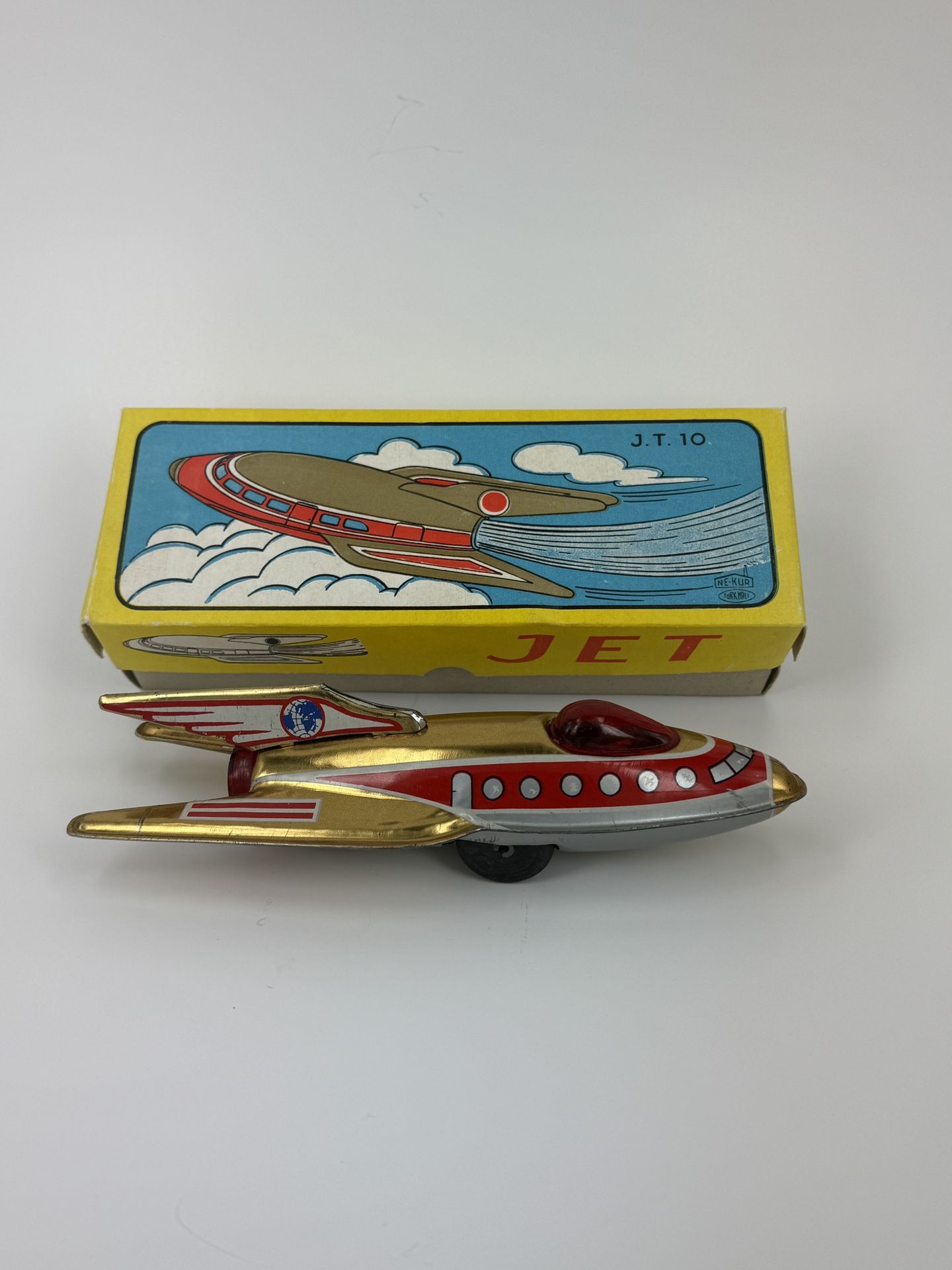 Vintage Jet Rocket Friction Tin Litho J.T. 10 with Original Box