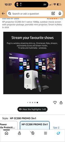 HP CC200 3in1 portable mini projector Roku stick
