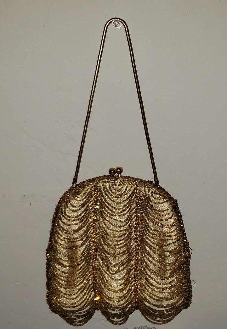 VINTAGE GOLD WABORG WABURG SEED BEAD BEADED FRINGE SILK CHAIN COIN PURSE HANDBAG CLAM EVENING BAG CLUTCH