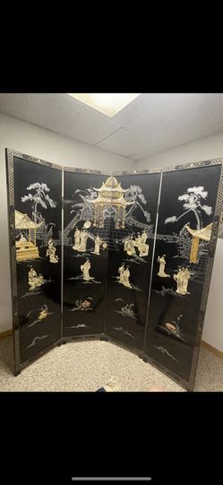 Four Panel Black Lacquer Mother of Pearl Screen