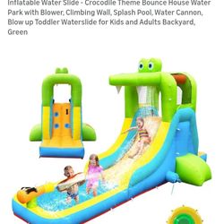 Inflatable Water Slide - Crocodile Theme Bounce House Water Park with Blower, Climbing Wall, Splash Pool, Water Cannon, Blow up Toddler Waterslide for