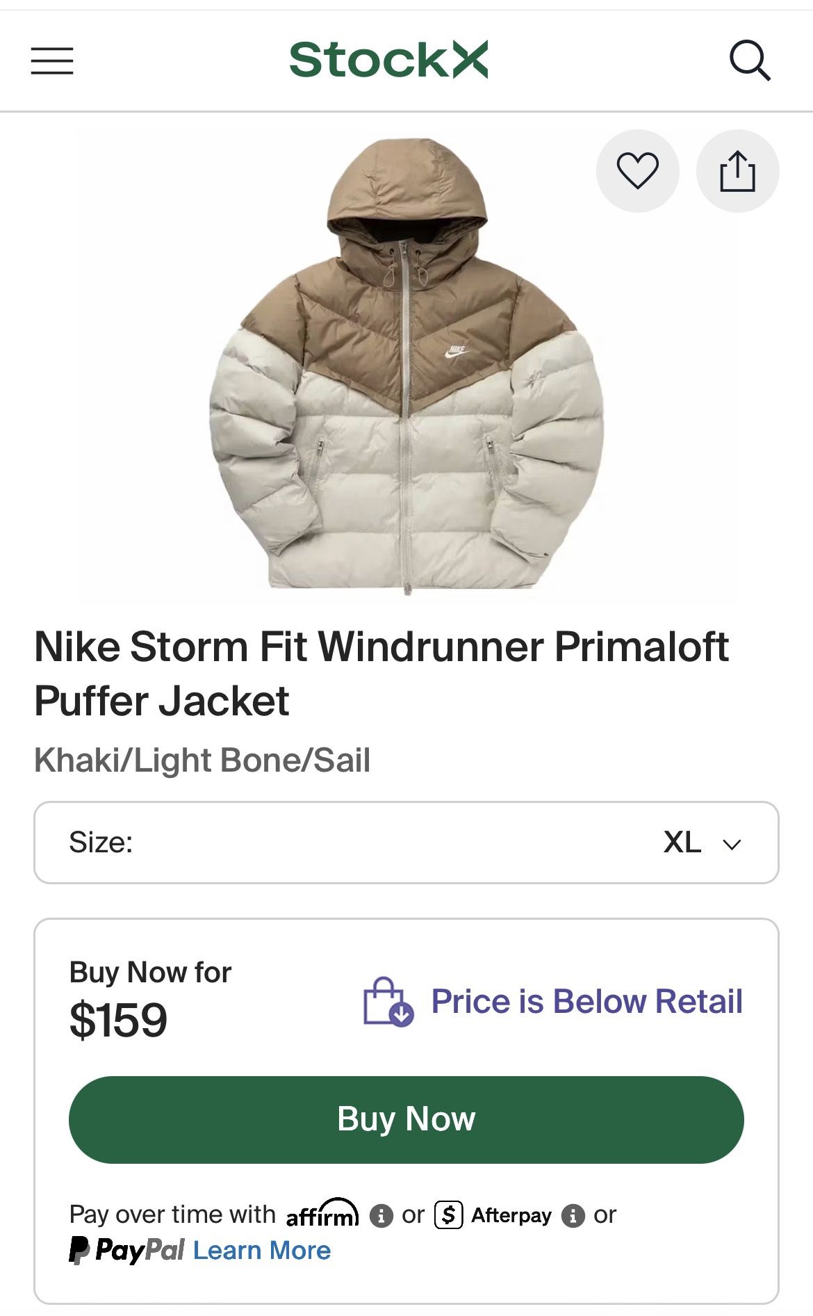 Nike Storm Fit Puffer Jacket (Tan & White) XL