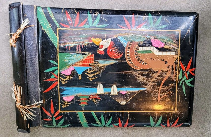 Mid 20th Century Vintage Japanese Black Lacquer Pagoda Hand Painted Photo Album Scrapbook