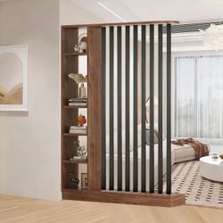 Modern Wood and Metal Room Divider with Shelves