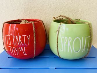 Two Rae Dunn Ceramic  Planters Light Green And Corral 6”x 5.25” (Height). NEW