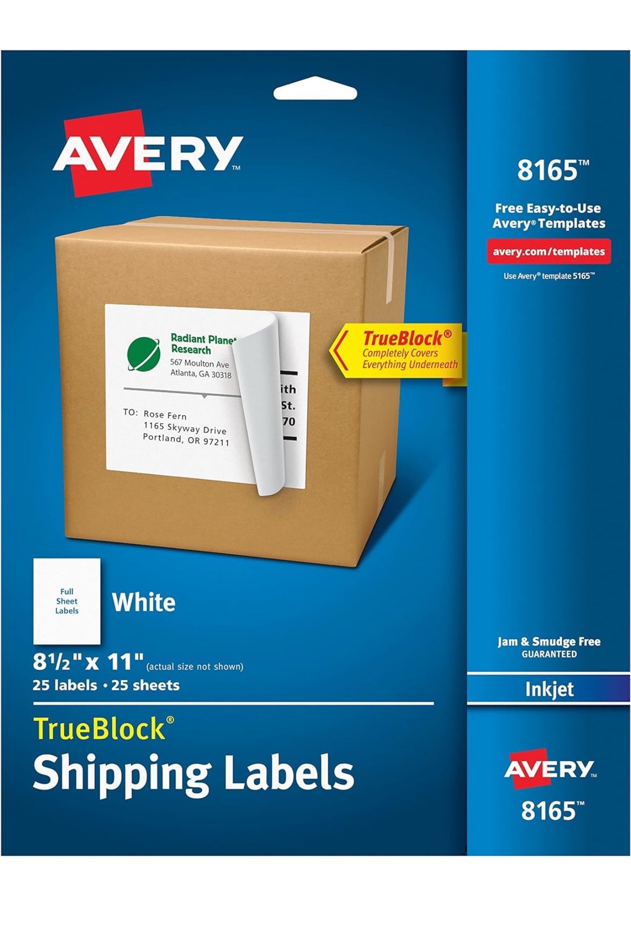 Avery Shipping Labels with TrueBlock Technology for Inkjet Printers, 8-1/2 x 11, 25 Labels per Pack, Case Pack of 5 (8165)