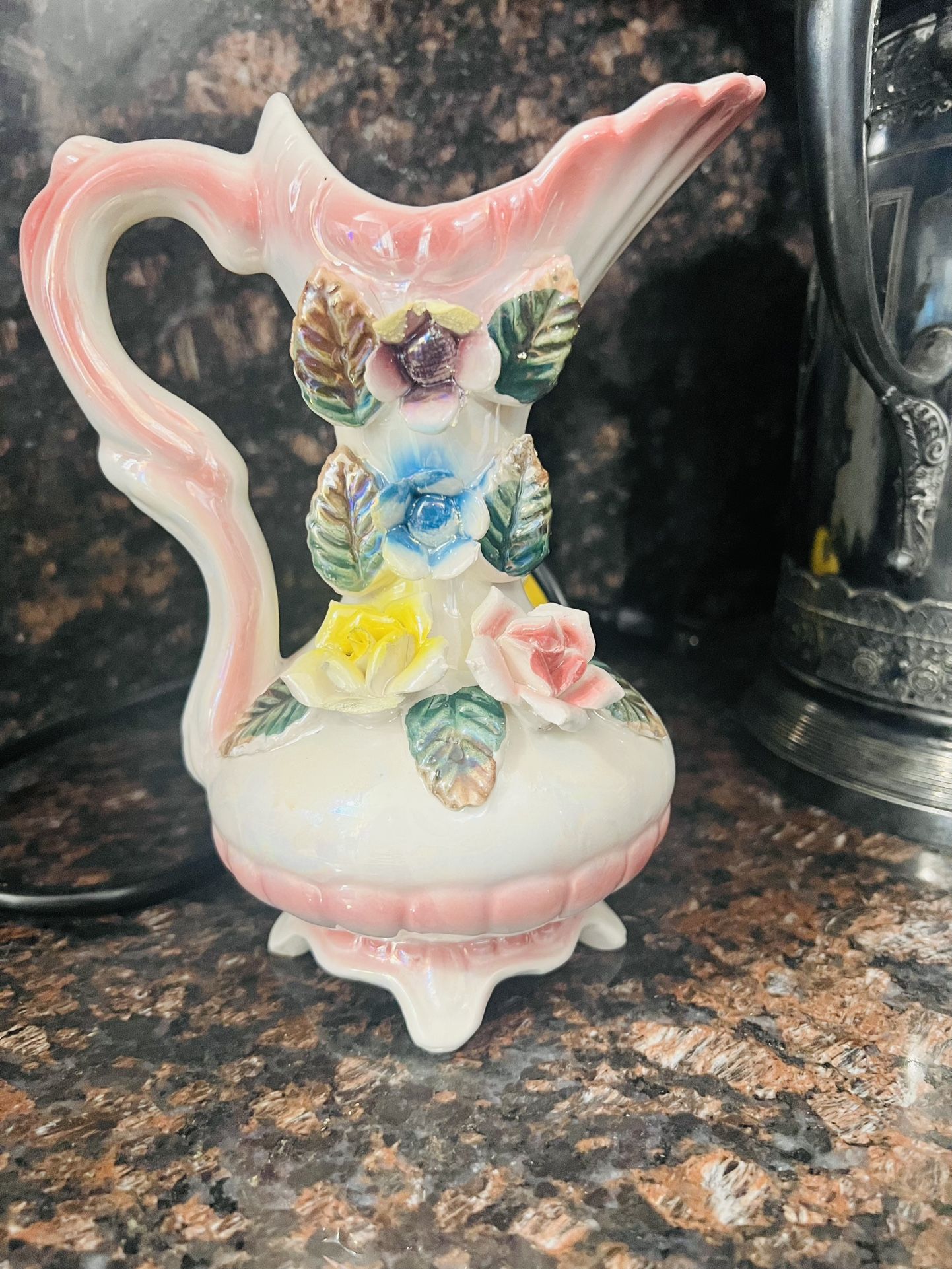 Vintage Ceramic Pitcher Vase Luster Ware Flowers Glazed Footed 