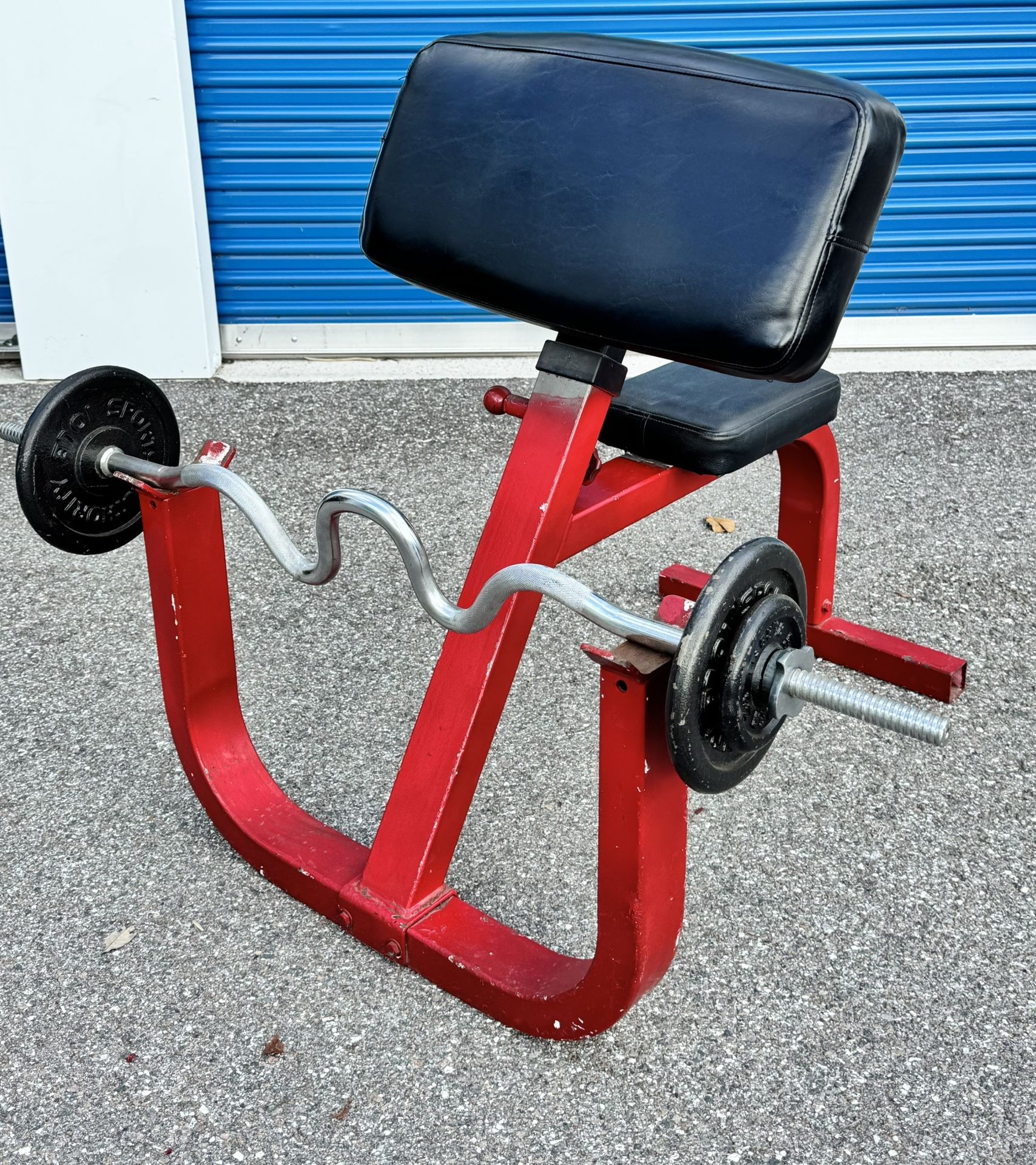 GYM EXERCISE CURLING BENCH AND WEIGHTS