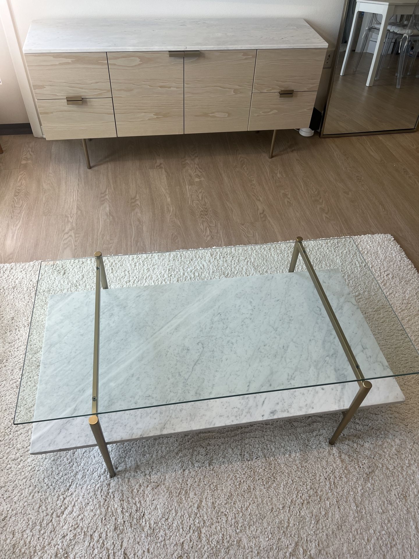 WEST ELM Mid-Century Art Display Marble Coffee Table (46") Overall: 46"w x 26.1"d x 17"h. Bottom shelf: 46"w x 24"d. Shelf spacing: 6.6". Clearance