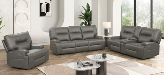 GREY POWER RECLINER SET. GENUINE LEATHER. FINANCING AVAILABLE