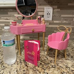 Our Generation Fabulous Fun Pink Vanity Table & Chair Dollhouse Accessory Set for 18'' Dolls