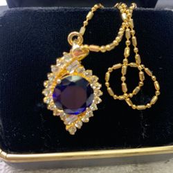 18 Karat Gold Plated Blue Sapphire By Ella, Cubic Zirconia Diamonds, Like New!