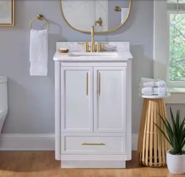 24 in. Single Sink Freestanding White Bath Vanity with White Round Corner Engineered Marble Top (Assembled)