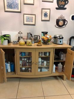 Tan Wood Buffet Cabinet with Glass Doors