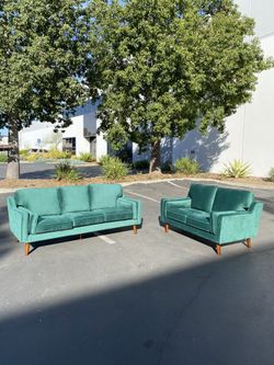New Set Of Green Velvet Fabric Sofa And Loveseat