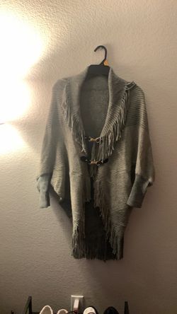 Gray Fringe Knit Cardigan Sweater