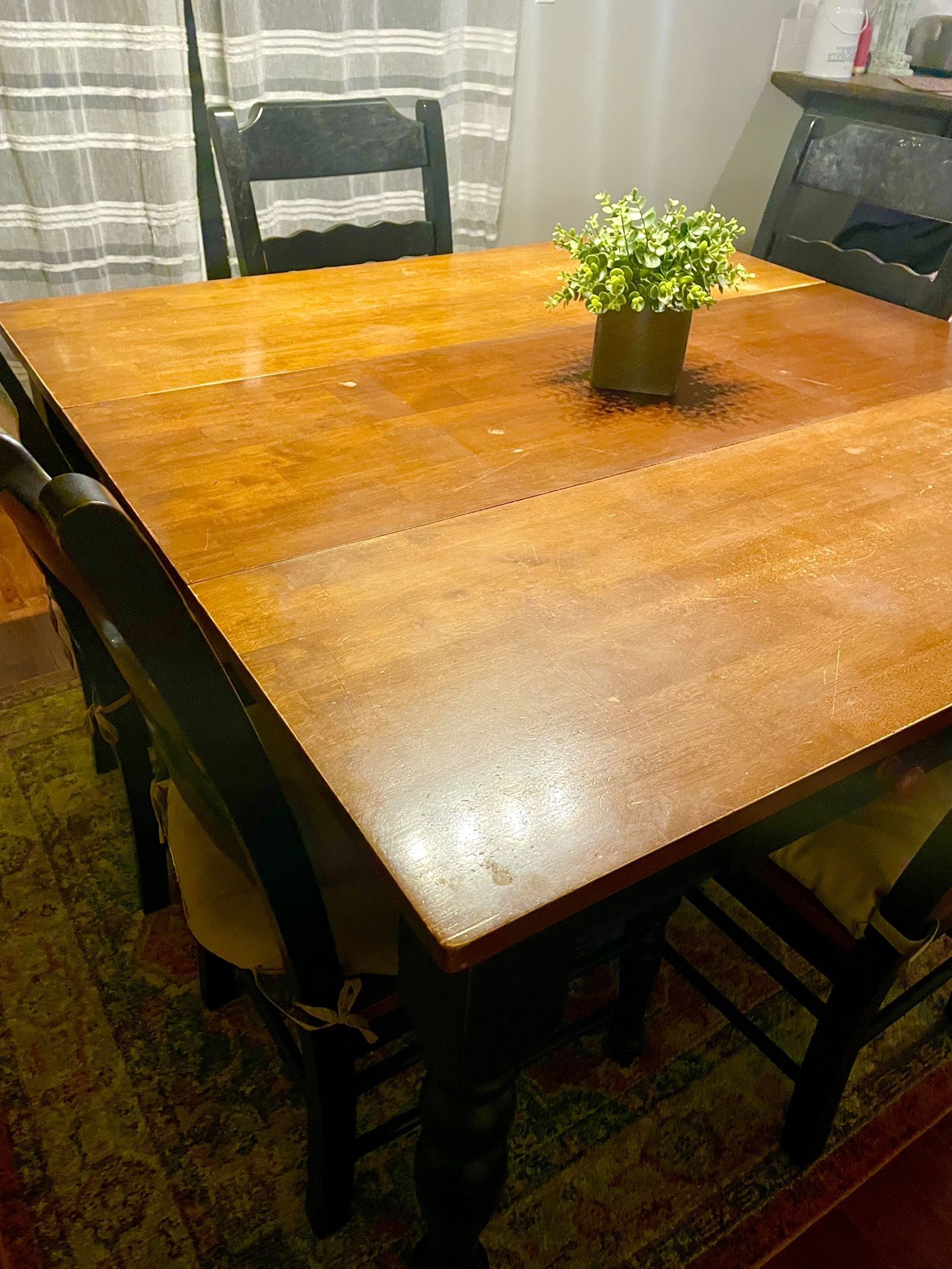 54" Square Dark Wood Dining Set + 6 Black Chairs - Excellent Condition!