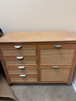 Wood-Tone Storage Cabinet with Woven Fronts