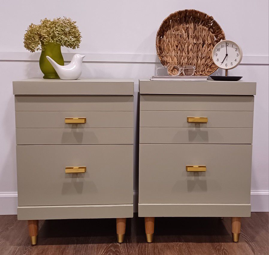 Beautiful Refinished Sage Green Mid-Century Modern Nightstands Height  26" 