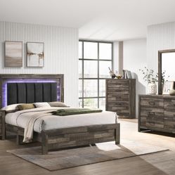 Brown LED Four Piece Bedroom Set Dresser,Mirror,Nightstand And Bed Frame