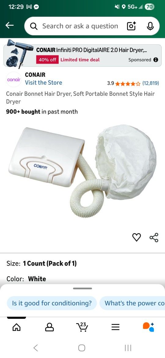 Conair Bonnet Hair Dryer, Soft Portable Bonnet Style Hair Dryer