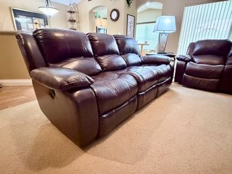 Dark Brown Leather Reclining Sofa and Chair Set