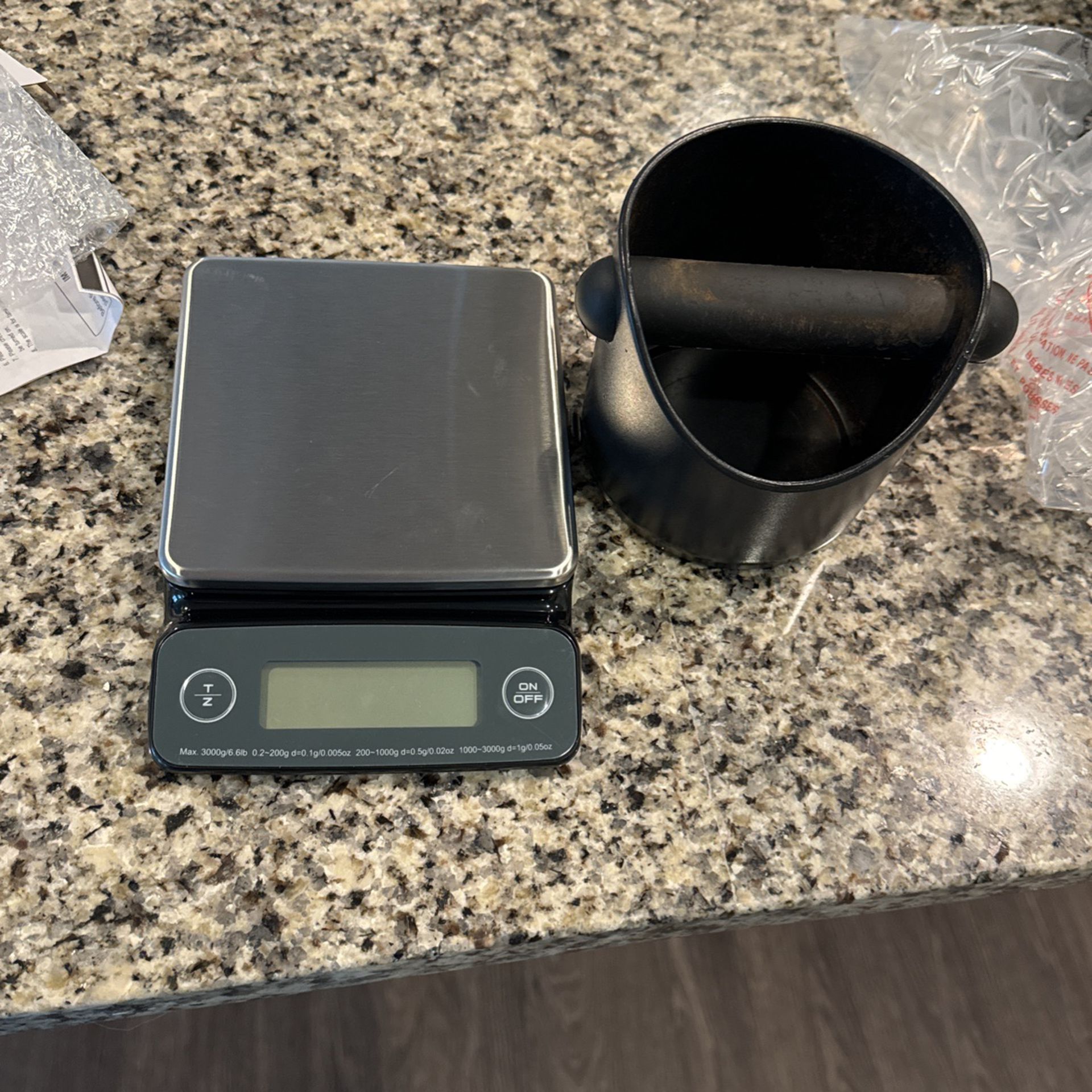 Coffee Knock Box And Coffee Scale. 