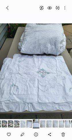 Down mattress topper pad inside a decorative white embroidered continental duvet topper 78x84" queen size includes 2 match scalloped edges pillow sham