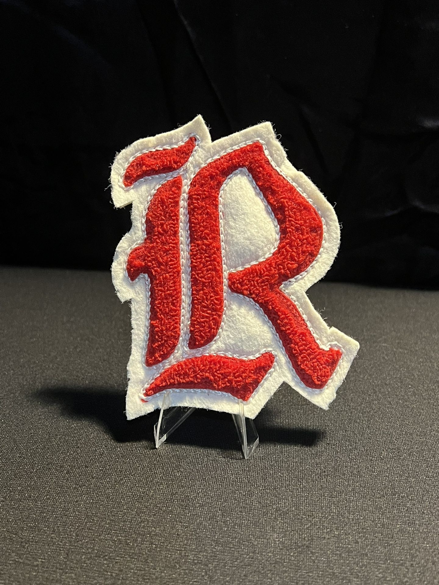 3”x4” Fancy, Red And White Old English Alphabet Letter. R Embroidered Sew On Patch.