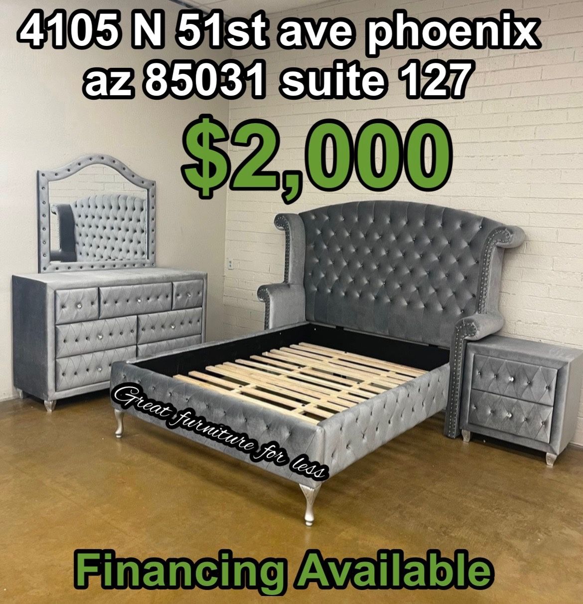 King Size Bedroom Set Grey Velvet Include Bed Frame Dresser Mirror And 1 Nightstand Brand New
