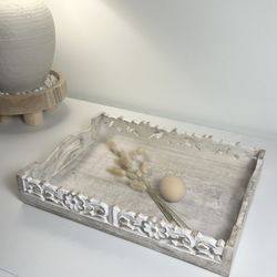 Boho Handmade Decorative Serving Wooden Tray Whitewash 14"  