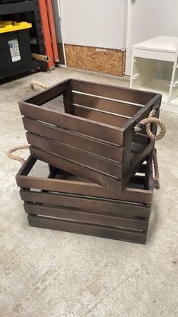 Dark Brown Wood Crate Storage Bins with Rope Handles