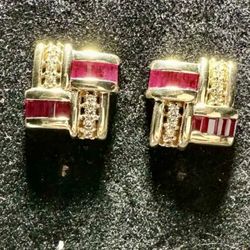 14k Yellow Gold, Diamond & Ruby Earrings 