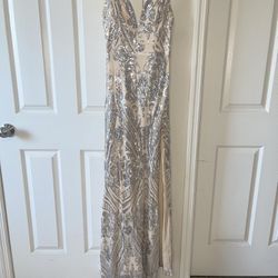 Windsor Nude & Silver Prom Dress/Gown with Slit (Small)