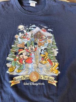 navy blue t-shirt from Disney Parks features a "Merriest Place In The World" Christmas graphic from 2001 large