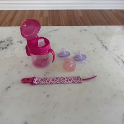 Baby Transition Cup, Pacifiers, and Clip. 