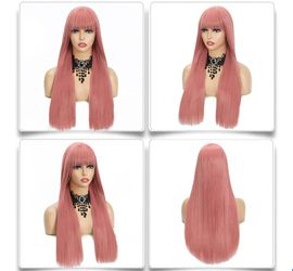Long Pink Wig with Bangs for Women Synthetic Wigs for Daily Party
