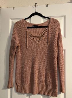 Pink Knit Lace-Up V-Neck Sweater
