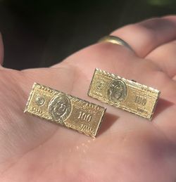 Solid 10k gold one hundred dollar bill front and back detailed earrings