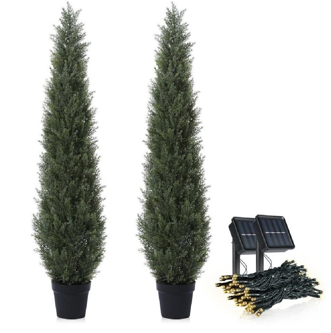 3 ft. Artificial Cedar Topiary Trees , Fake Cypress Plants with Solar Light String, Faux uv resistant Plants set of 2